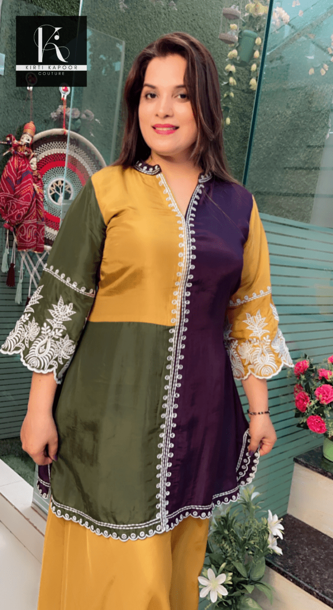 Thread - Worked Tri - Coloured Kurti and Plazo Set - Kirti Kapoor Couture