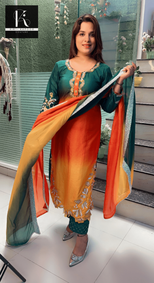 Tri - Coloured Hand - Embroidered Suit with Dupatta - Kirti Kapoor Couture