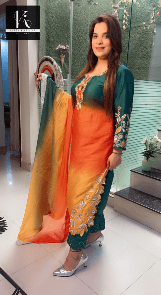 Tri - Coloured Hand - Embroidered Suit with Dupatta - Kirti Kapoor Couture
