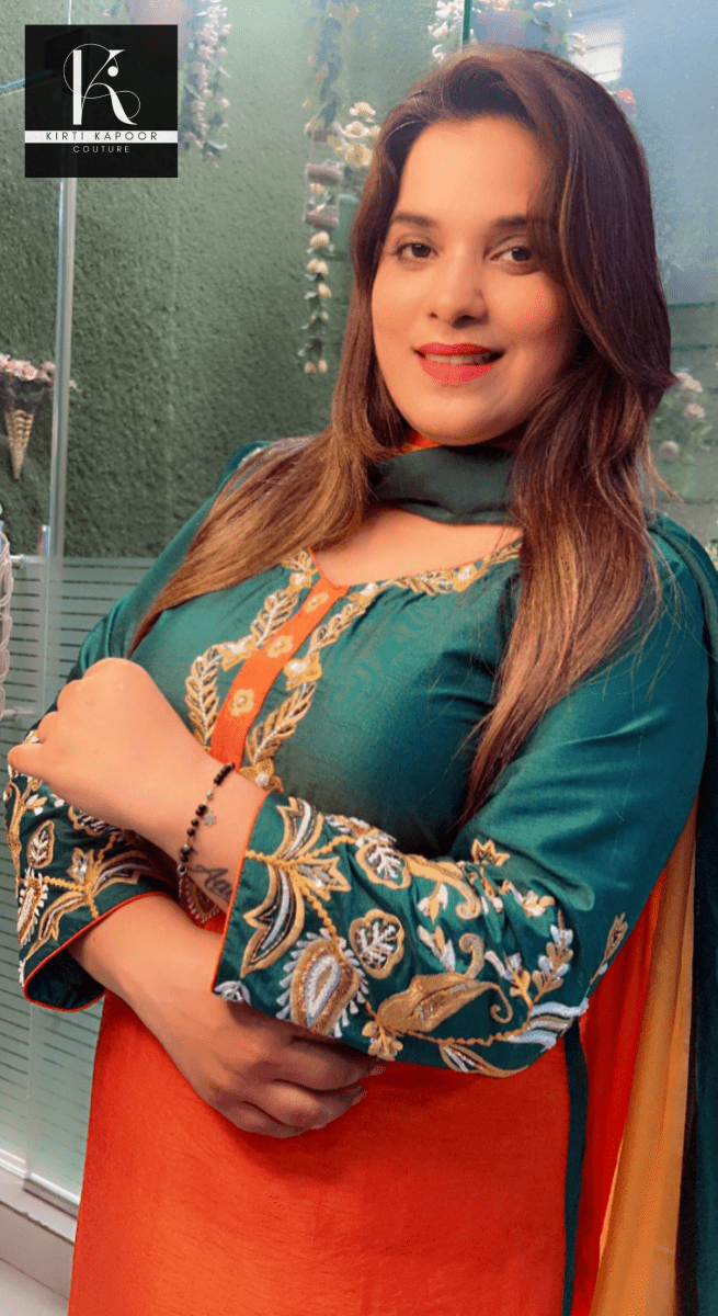 Tri - Coloured Hand - Embroidered Suit with Dupatta - Kirti Kapoor Couture