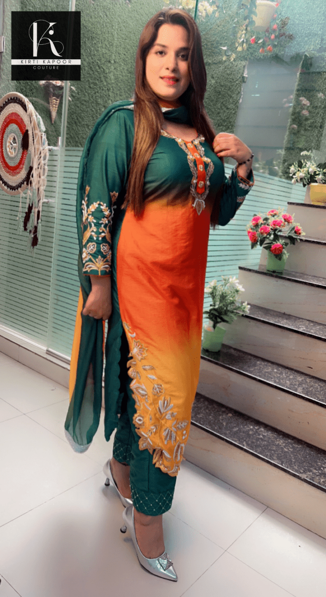 Tri - Coloured Hand - Embroidered Suit with Dupatta - Kirti Kapoor Couture