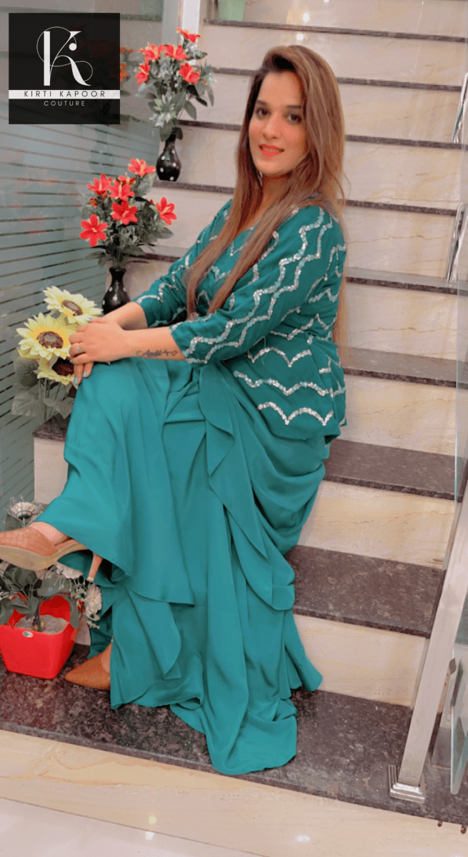 Turquoise Drape Dress With Embroidered Designer Top - Kirti Kapoor Couture