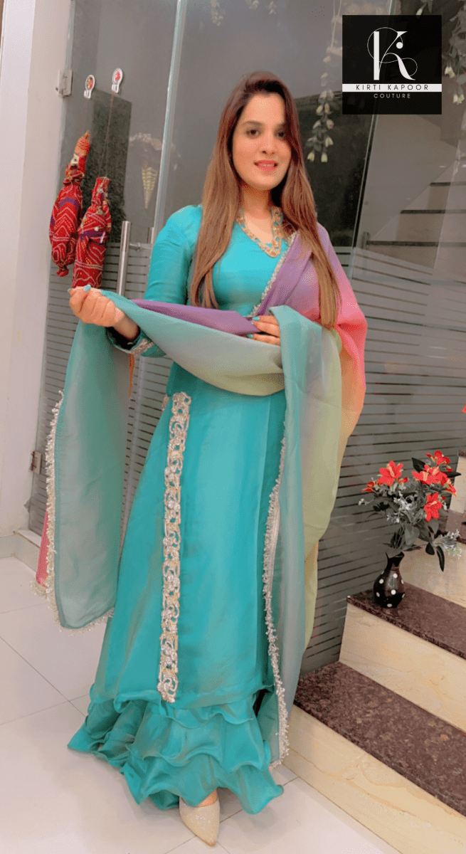 Turquoise Embroidered Suit with Colored Dupatta - Kirti Kapoor Couture