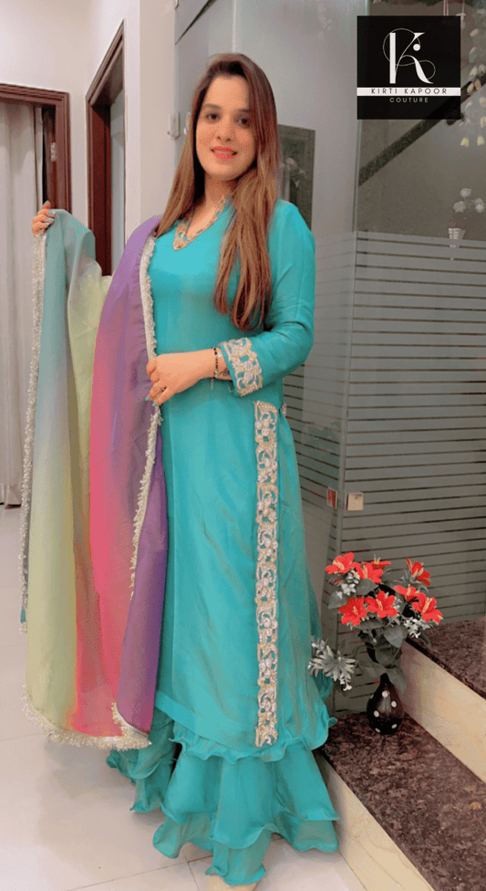 Turquoise Embroidered Suit with Colored Dupatta - Kirti Kapoor Couture