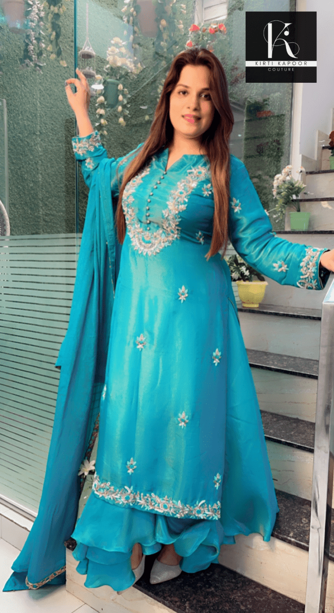 Turquoise Hand - Embroidered Suit with Heavy Dupatta - Kirti Kapoor Couture