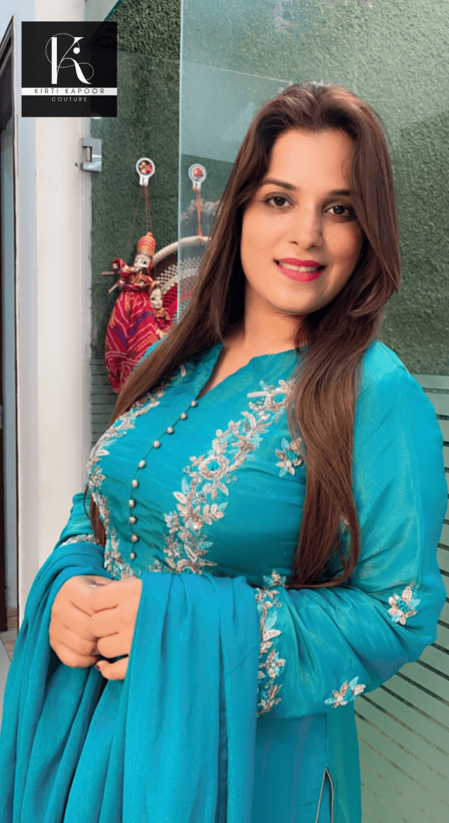 Turquoise Hand - Embroidered Suit with Heavy Dupatta - Kirti Kapoor Couture