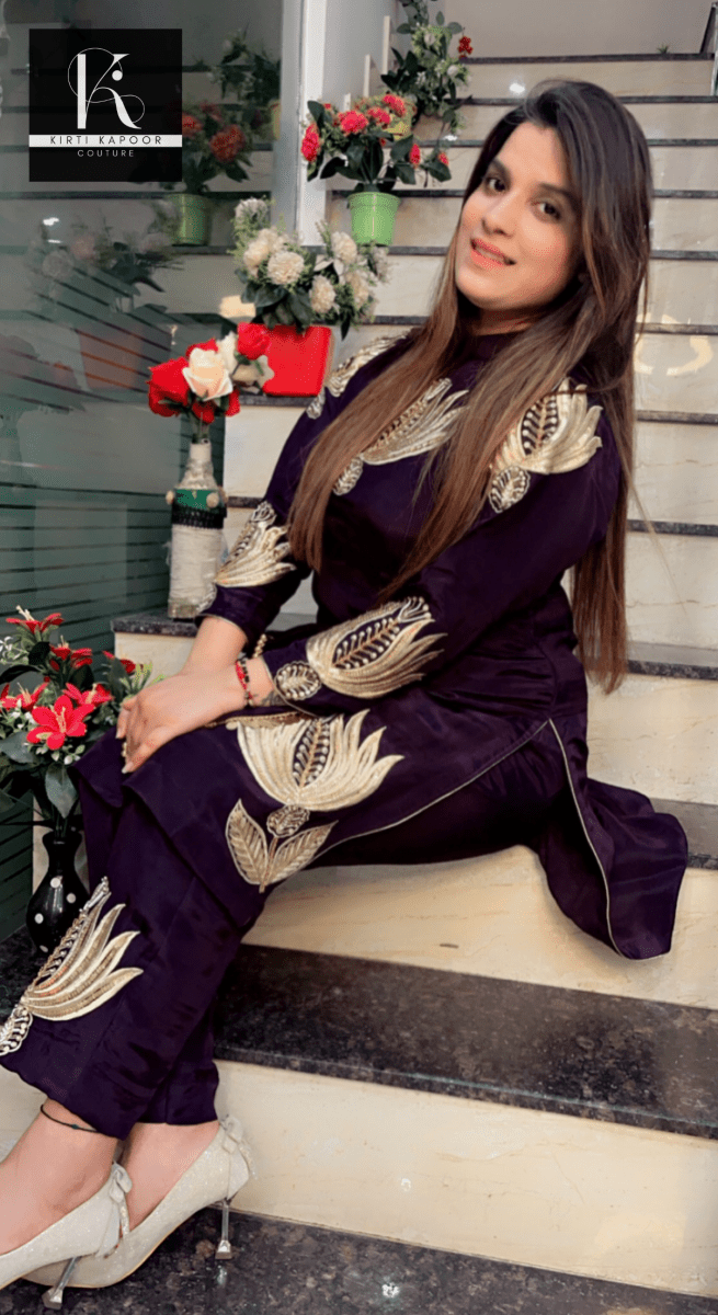 Violet Embroidered Set with Matching Hand - Bag - Kirti Kapoor Couture