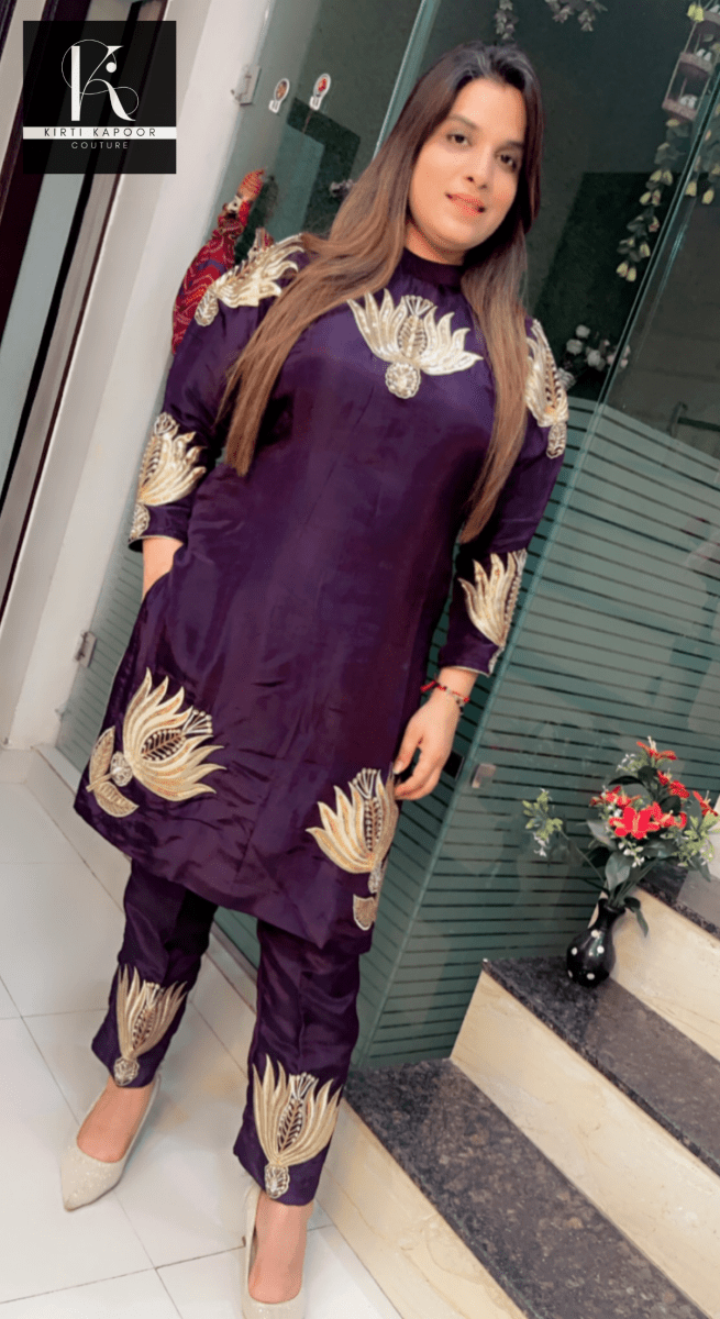 Violet Embroidered Set with Matching Hand - Bag - Kirti Kapoor Couture
