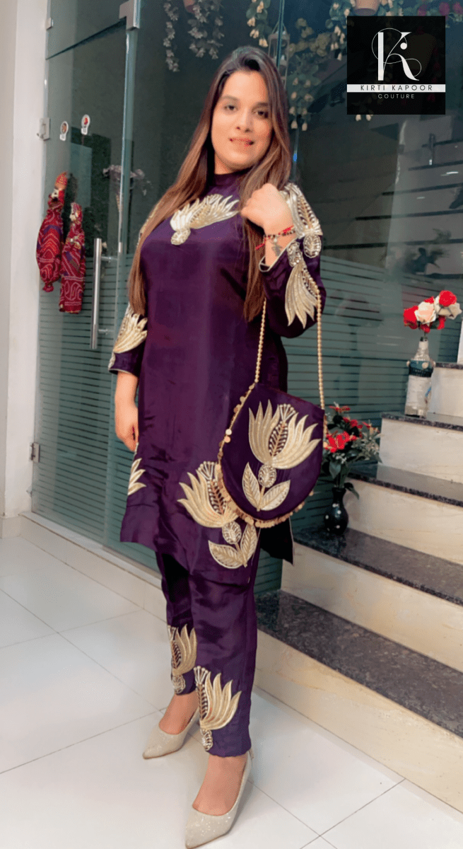 Violet Embroidered Set with Matching Hand - Bag - Kirti Kapoor Couture