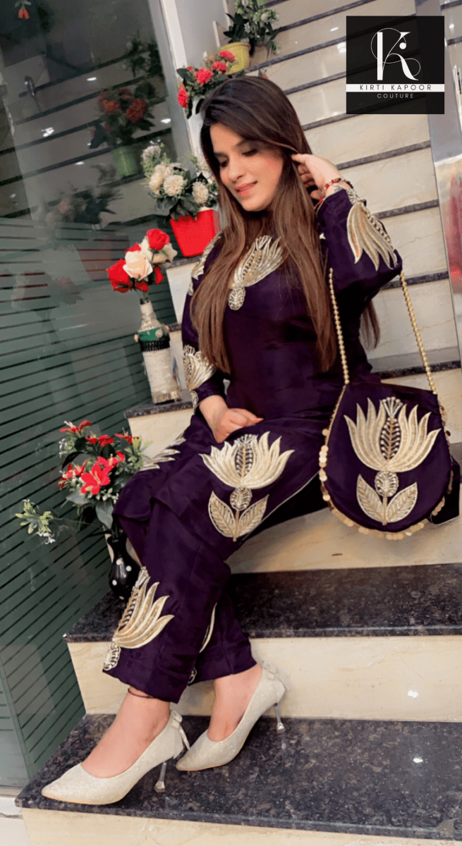 Violet Embroidered Set with Matching Hand - Bag - Kirti Kapoor Couture