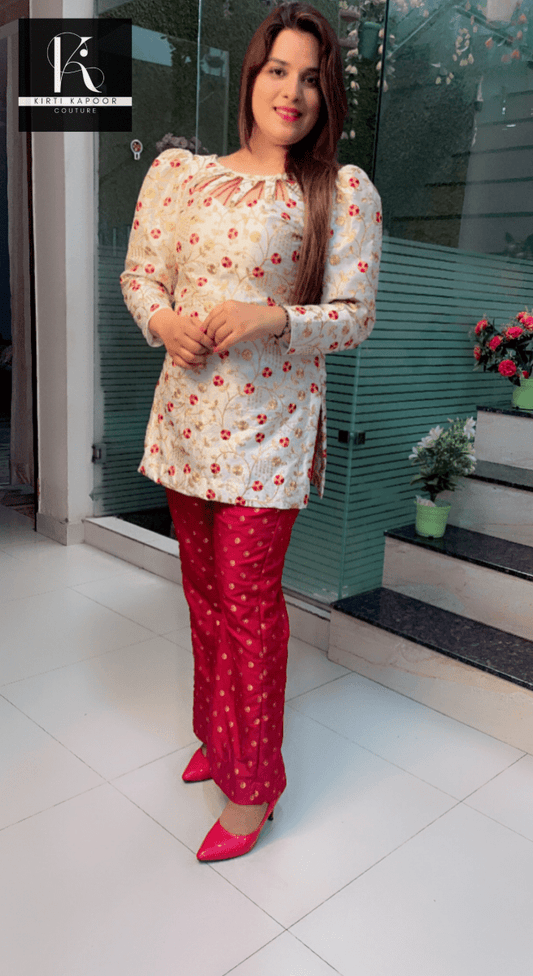 White and Maroon Brocade Set (Hand - Work Highlights) - Kirti Kapoor Couture