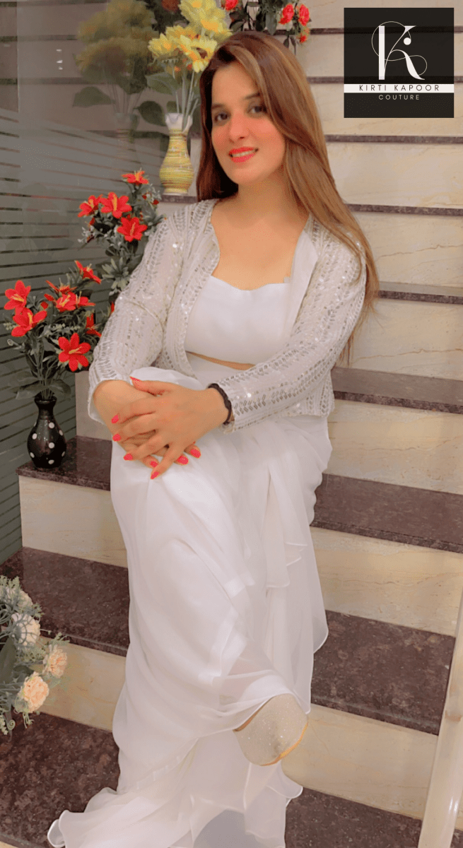 White Draped Skirt With Detachable Jacket - Kirti Kapoor Couture