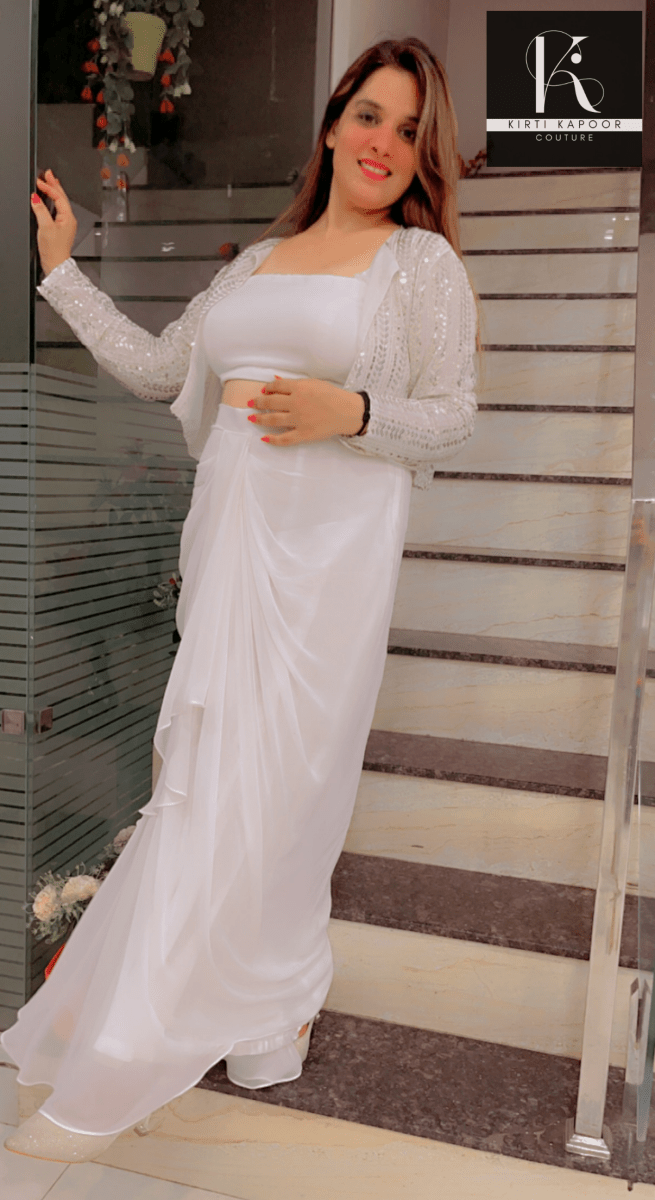 White Draped Skirt With Detachable Jacket - Kirti Kapoor Couture