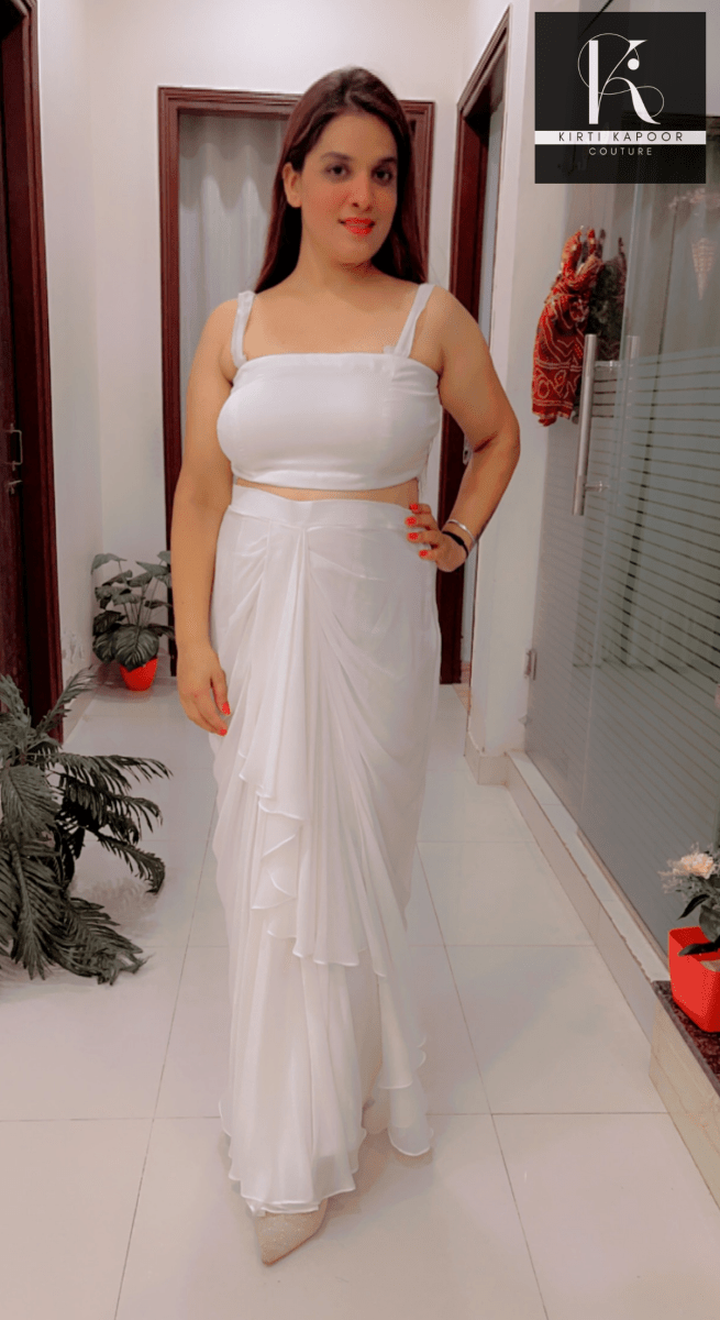 White Draped Skirt With Detachable Jacket - Kirti Kapoor Couture