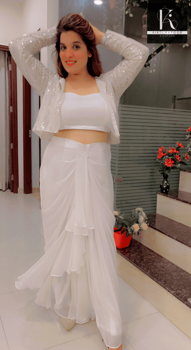 White Draped Skirt With Detachable Jacket - Kirti Kapoor Couture