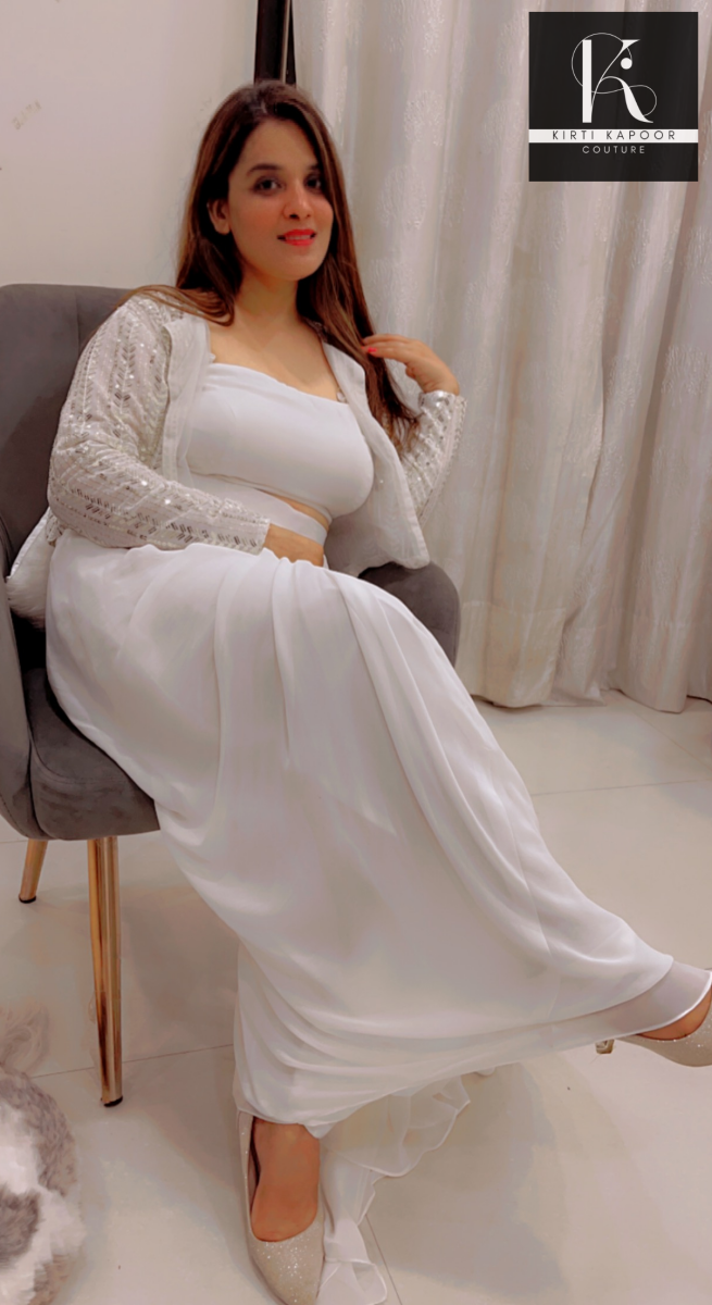 White Draped Skirt With Detachable Jacket - Kirti Kapoor Couture