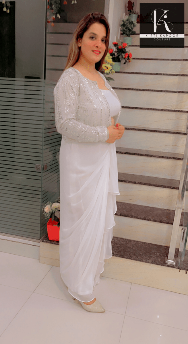 White Draped Skirt With Detachable Jacket - Kirti Kapoor Couture