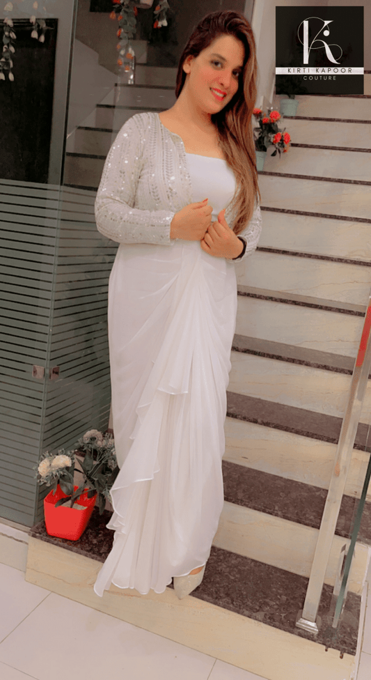 White Draped Skirt With Detachable Jacket - Kirti Kapoor Couture