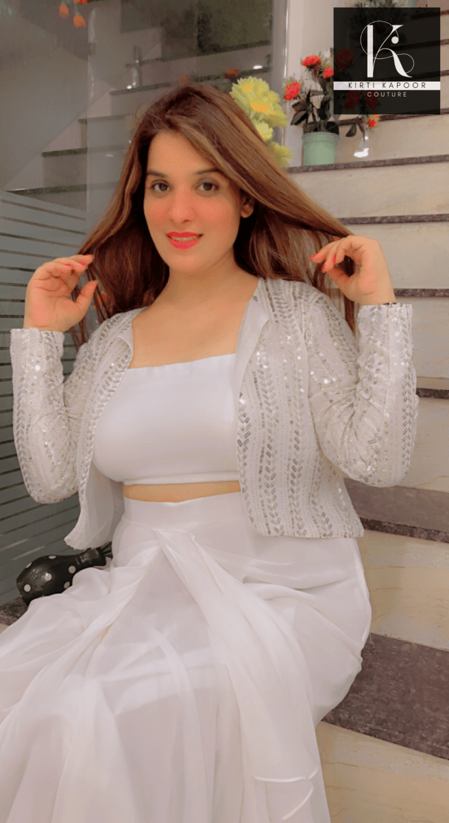 White Draped Skirt With Detachable Jacket - Kirti Kapoor Couture