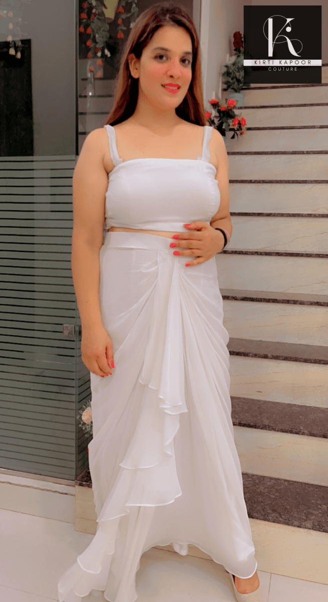White Draped Skirt With Detachable Jacket - Kirti Kapoor Couture