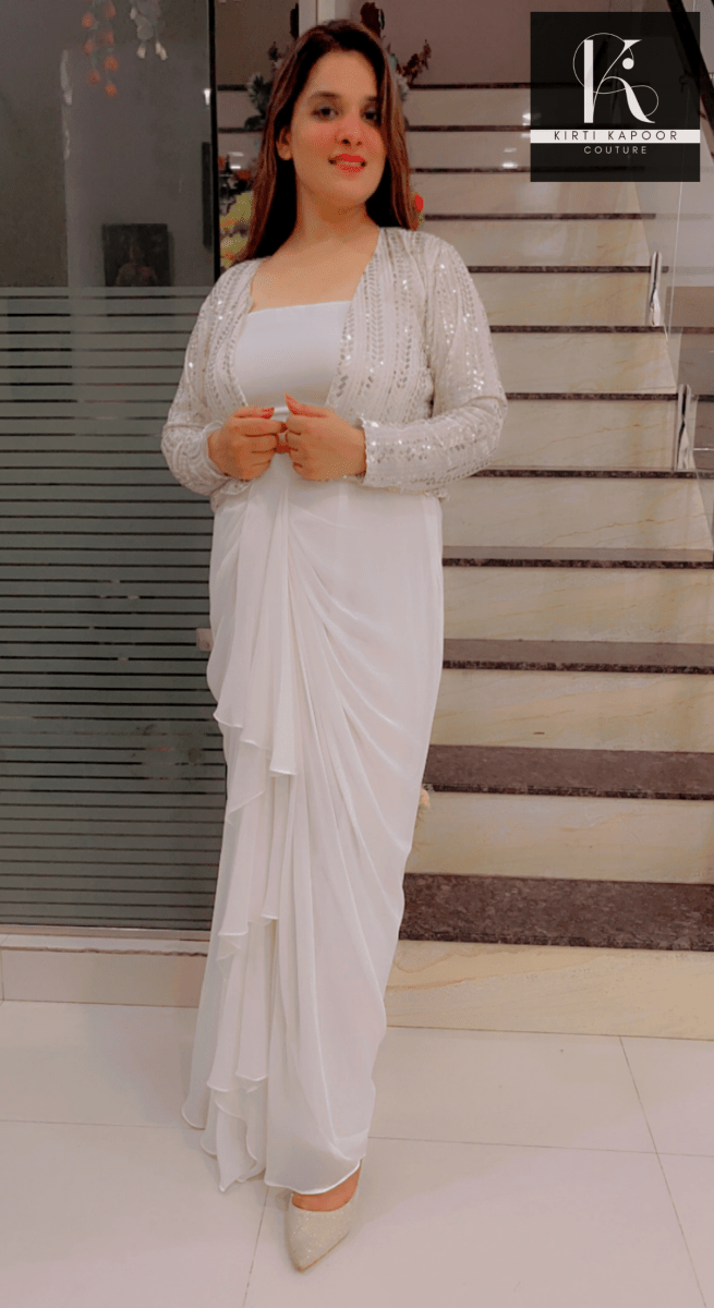 White Draped Skirt With Detachable Jacket - Kirti Kapoor Couture
