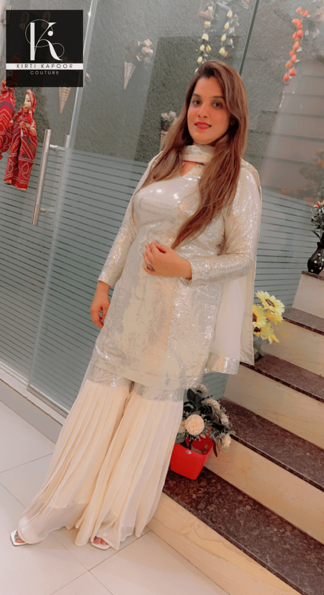 White Shimmer Sharara Suit With Gleaming Sequence Shirt - Kirti Kapoor Couture