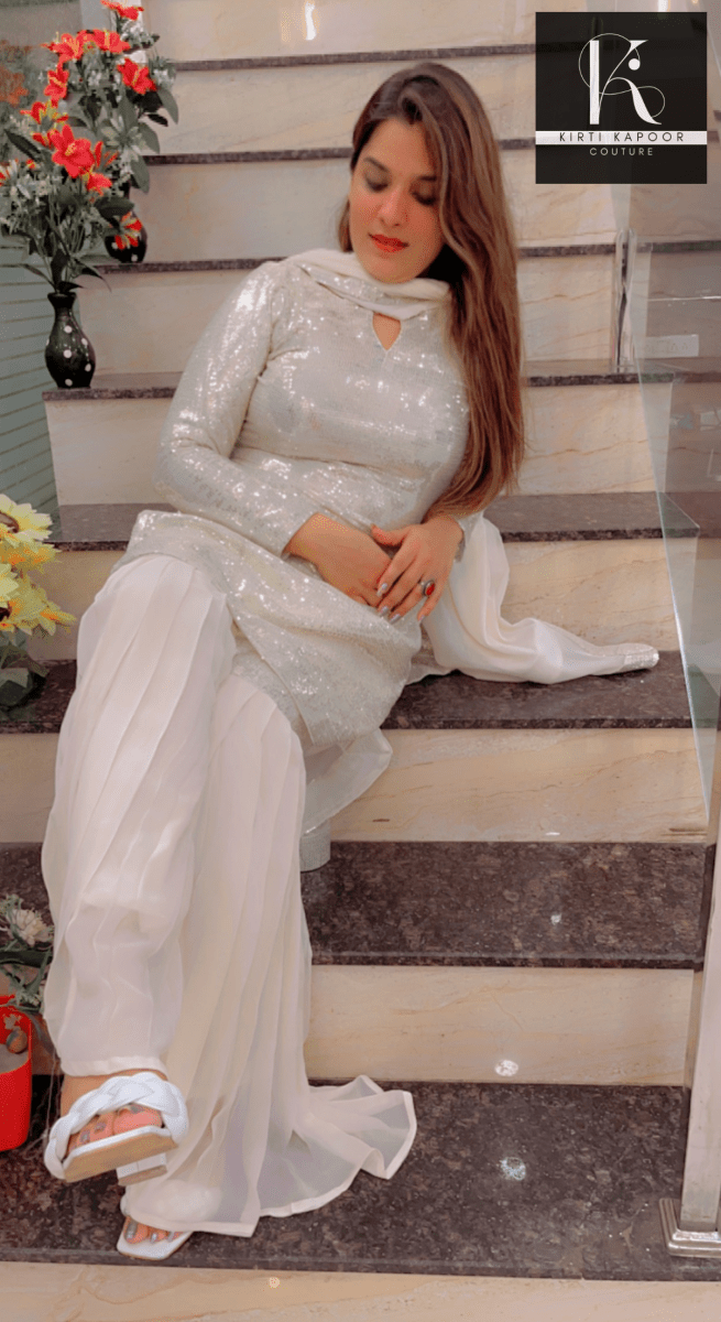White Shimmer Sharara Suit With Gleaming Sequence Shirt - Kirti Kapoor Couture