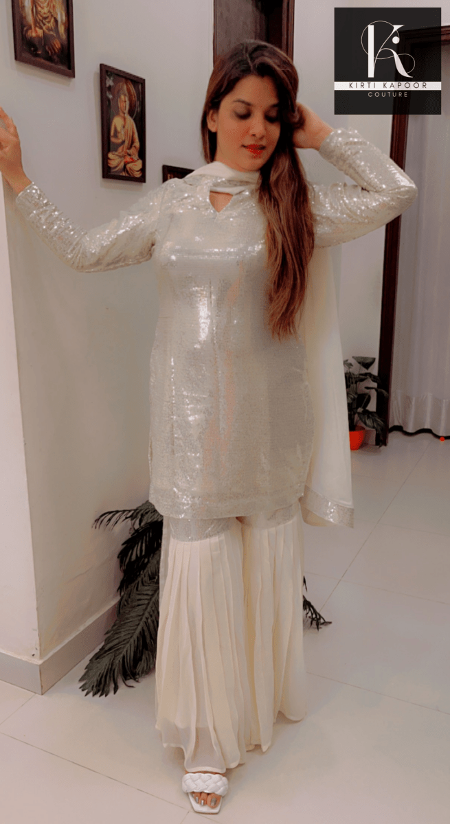 White Shimmer Sharara Suit With Gleaming Sequence Shirt - Kirti Kapoor Couture