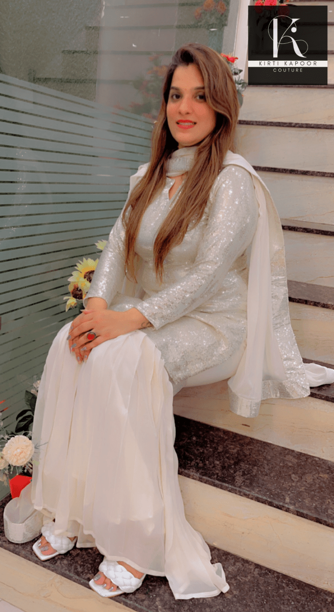White Shimmer Sharara Suit With Gleaming Sequence Shirt - Kirti Kapoor Couture