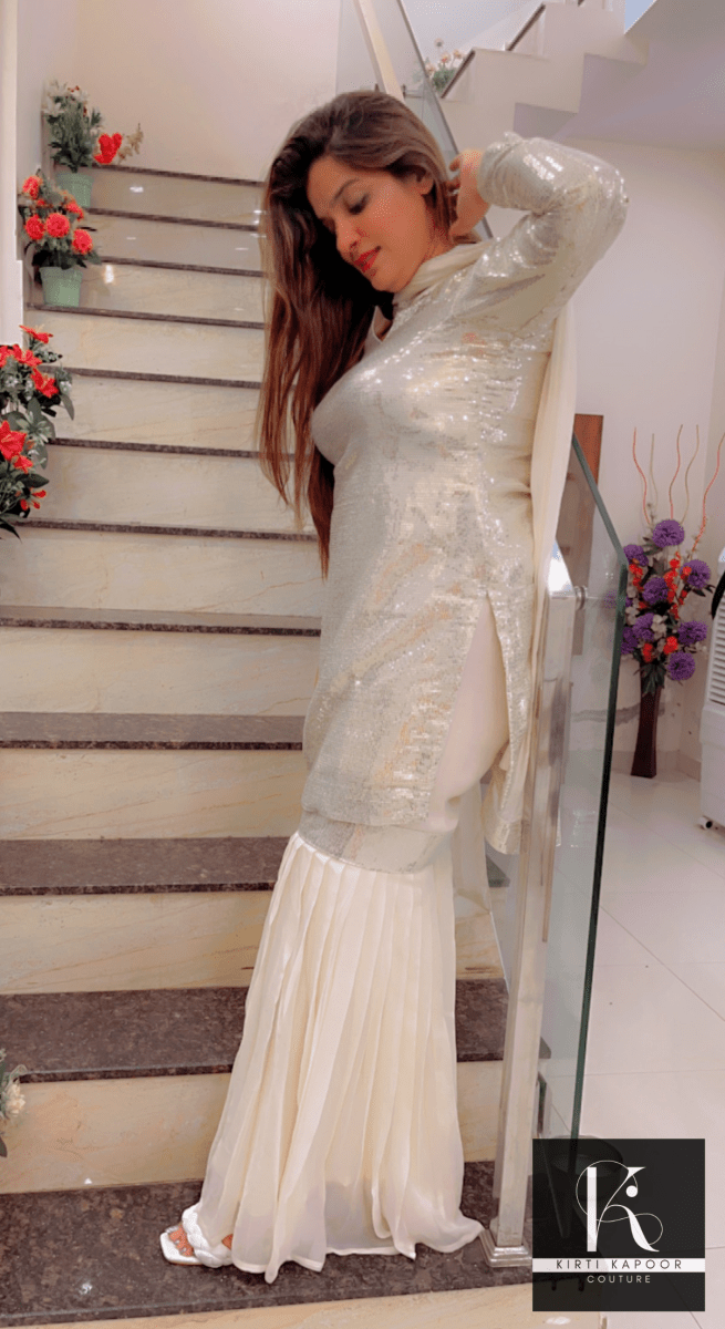White Shimmer Sharara Suit With Gleaming Sequence Shirt - Kirti Kapoor Couture