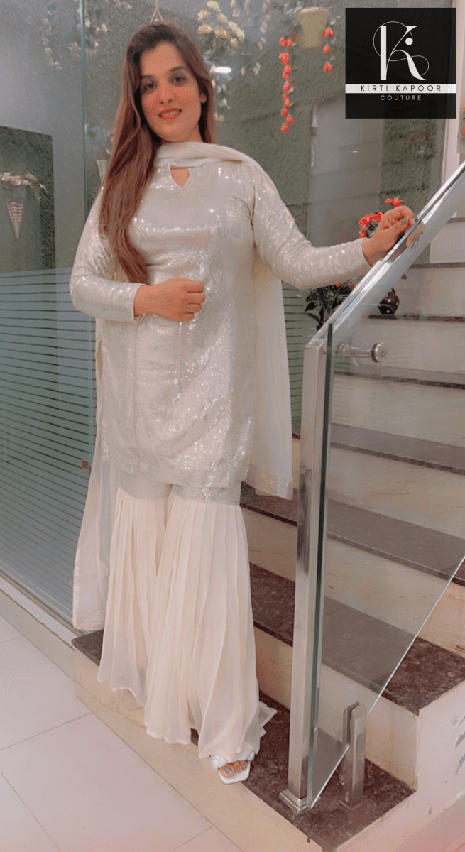 White Shimmer Sharara Suit With Gleaming Sequence Shirt - Kirti Kapoor Couture