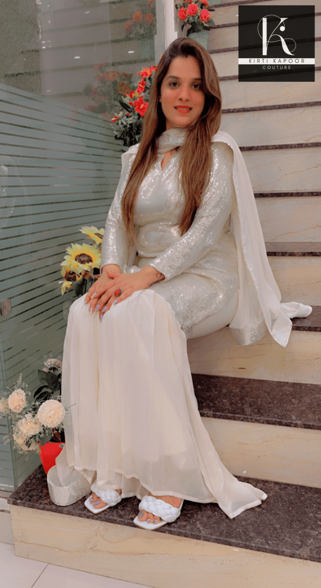 White Shimmer Sharara Suit With Gleaming Sequence Shirt - Kirti Kapoor Couture