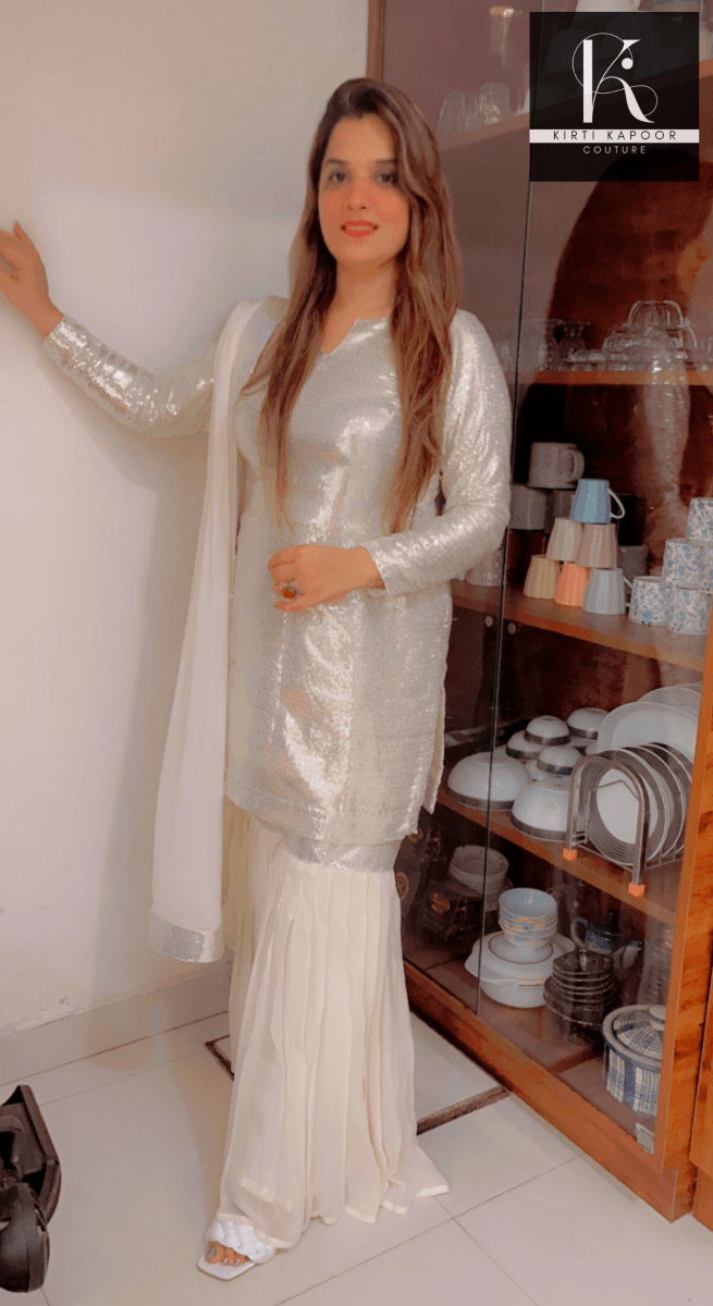 White Shimmer Sharara Suit With Gleaming Sequence Shirt - Kirti Kapoor Couture