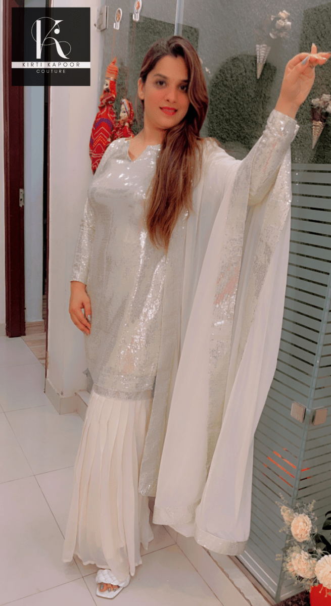 White Shimmer Sharara Suit With Gleaming Sequence Shirt - Kirti Kapoor Couture