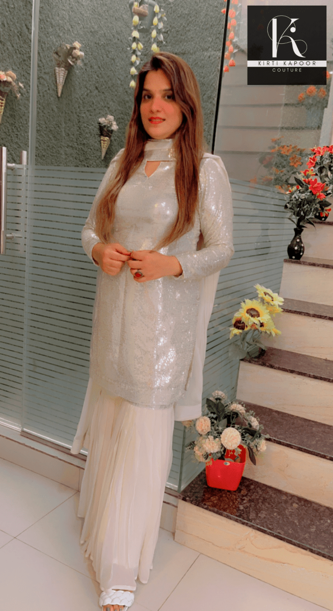 White Shimmer Sharara Suit With Gleaming Sequence Shirt - Kirti Kapoor Couture