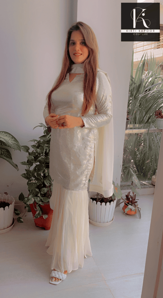 White Shimmer Sharara Suit With Gleaming Sequence Shirt - Kirti Kapoor Couture