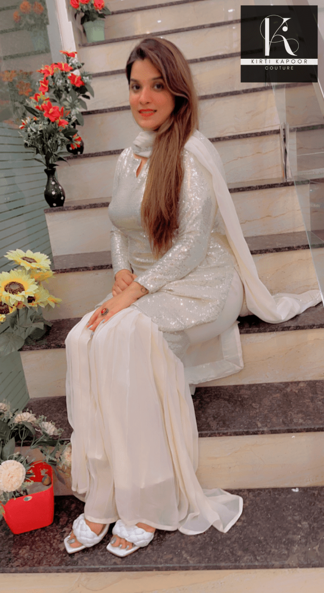 White Shimmer Sharara Suit With Gleaming Sequence Shirt - Kirti Kapoor Couture