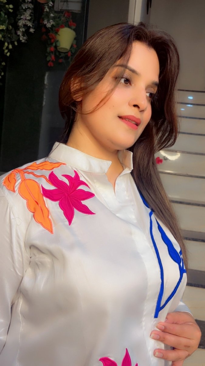 White shirt with bright coloured embroidered patches - Kirti Kapoor Couture