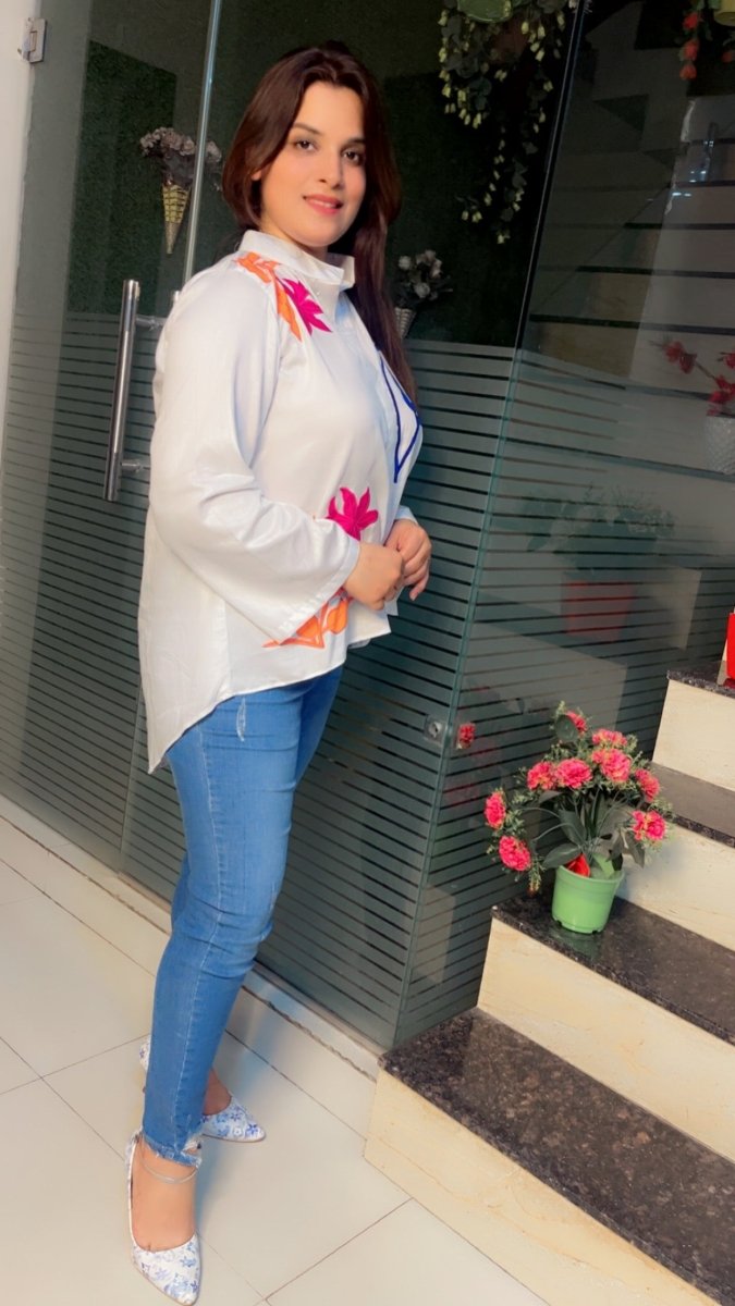 White shirt with bright coloured embroidered patches - Kirti Kapoor Couture