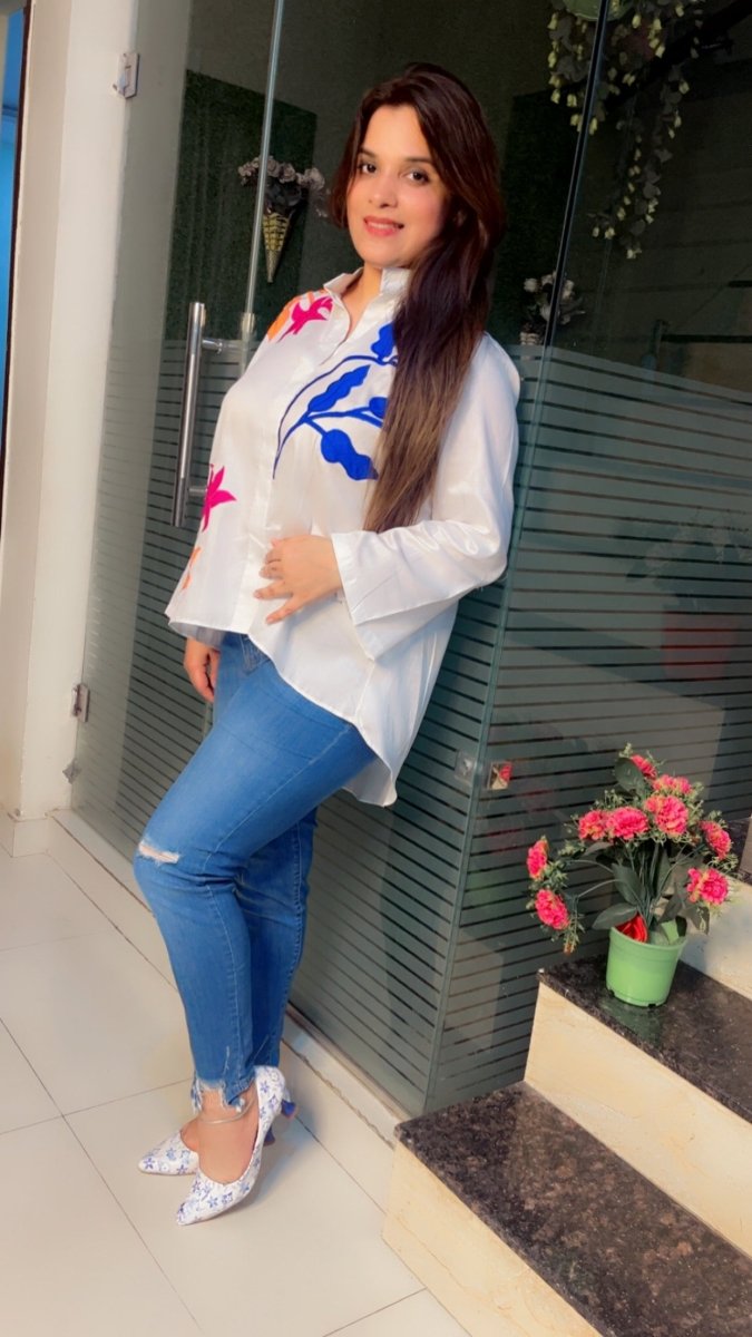 White shirt with bright coloured embroidered patches - Kirti Kapoor Couture
