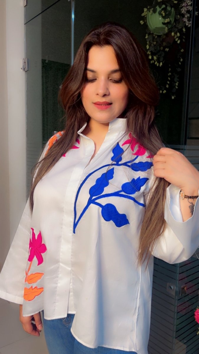 White shirt with bright coloured embroidered patches - Kirti Kapoor Couture