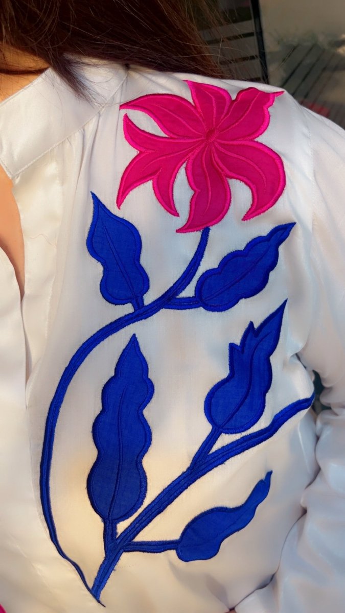 White shirt with bright coloured embroidered patches - Kirti Kapoor Couture