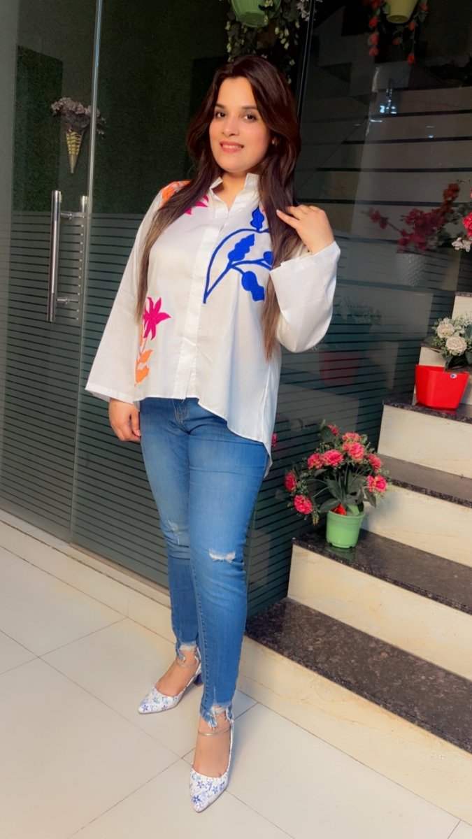 White shirt with bright coloured embroidered patches - Kirti Kapoor Couture