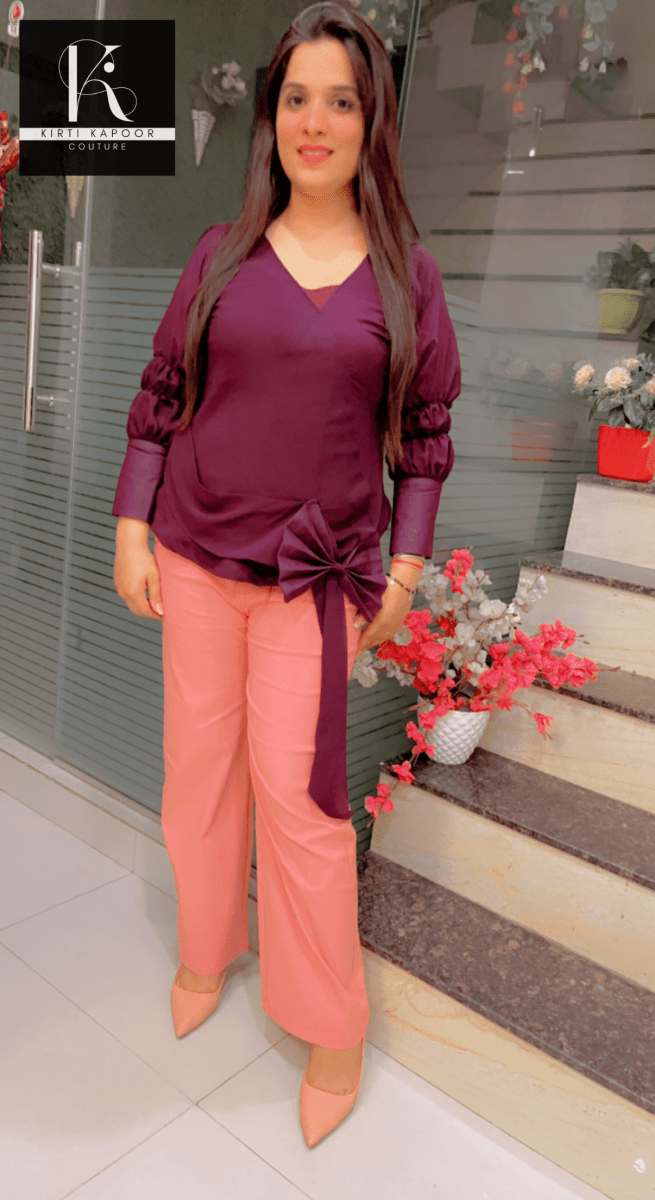 Wine Color Designer Top and Peach Pant Set - Kirti Kapoor Couture