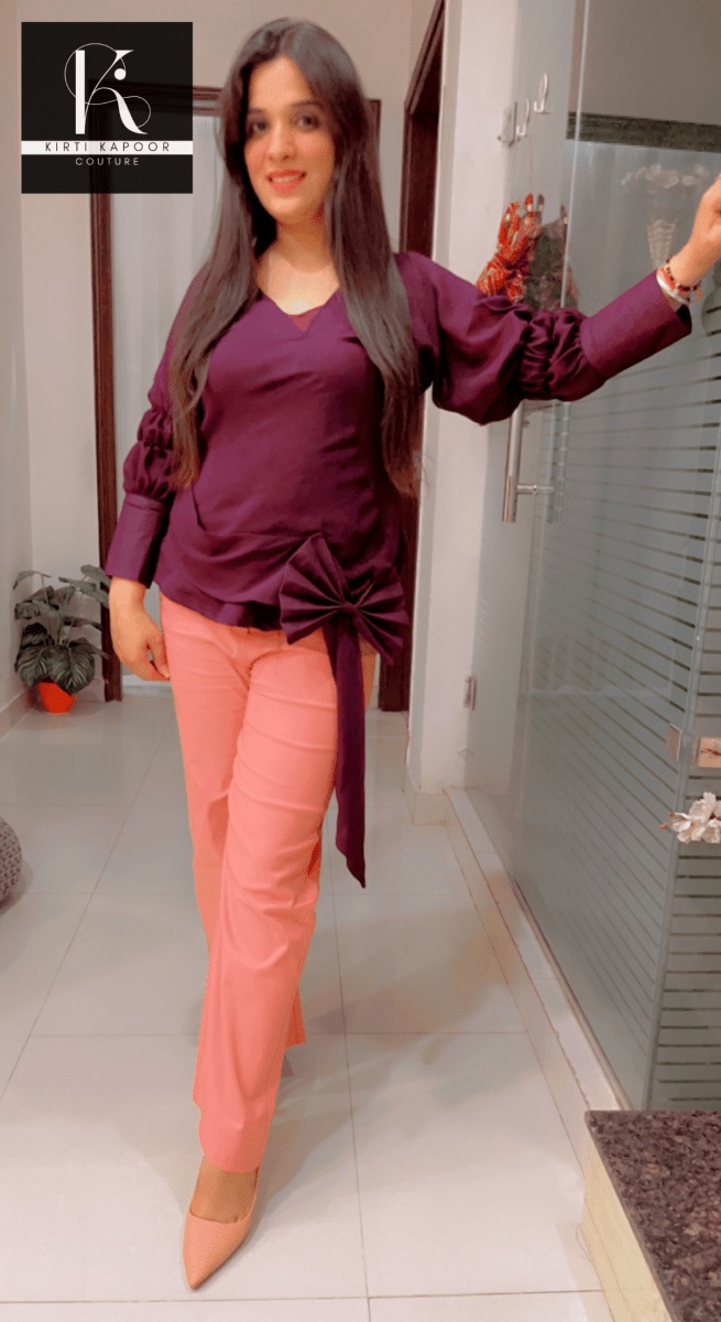 Wine Color Designer Top and Peach Pant Set - Kirti Kapoor Couture