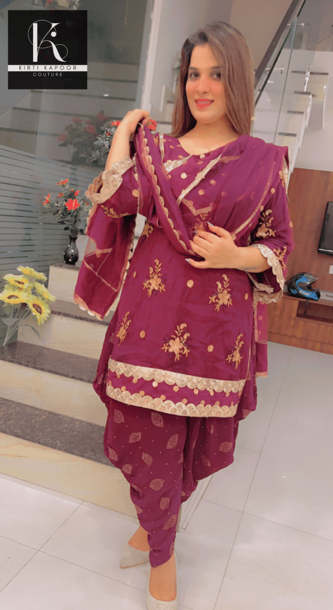 Wine Dhoti Suit With Designer Dupatta - Kirti Kapoor Couture