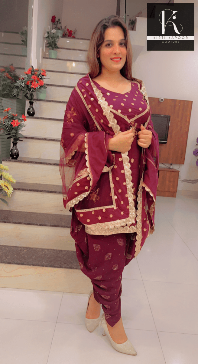Wine Dhoti Suit With Designer Dupatta - Kirti Kapoor Couture