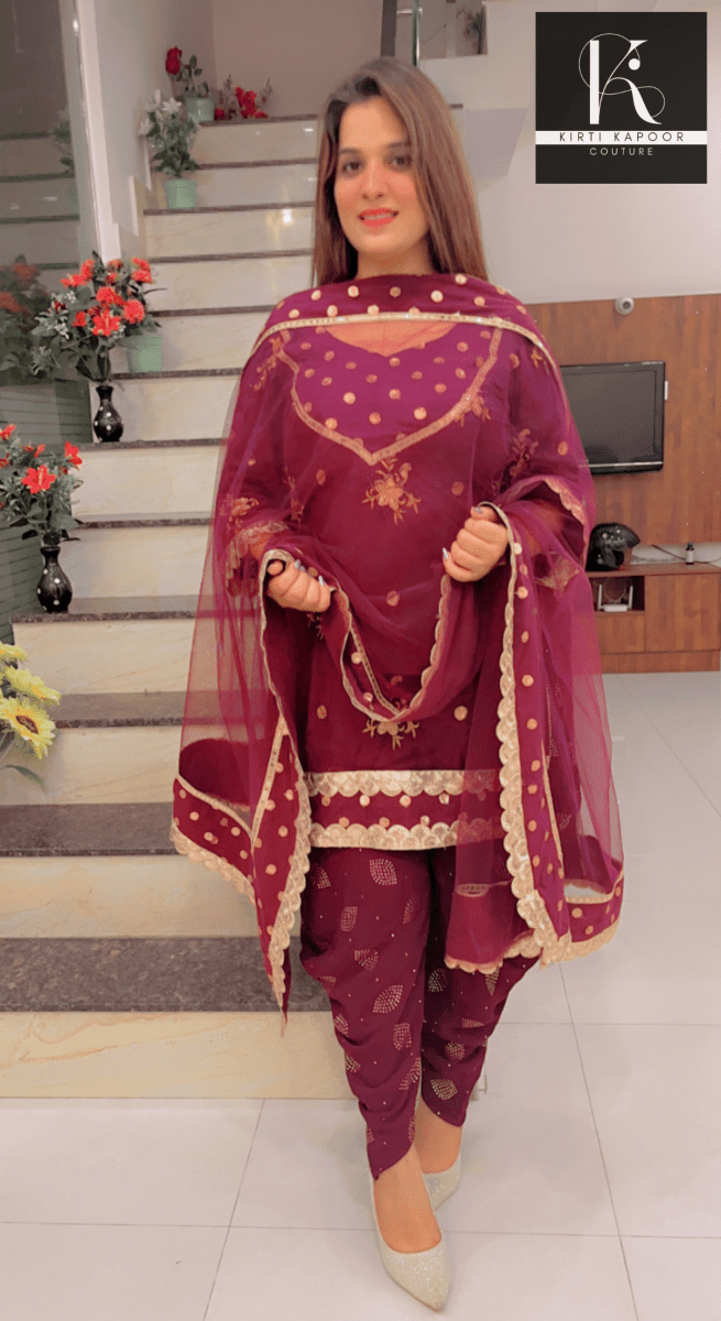 Wine Dhoti Suit With Designer Dupatta - Kirti Kapoor Couture