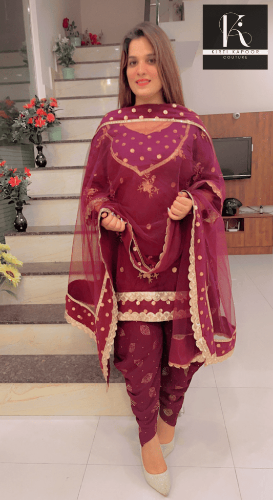 Wine Dhoti Suit With Designer Dupatta - Kirti Kapoor Couture