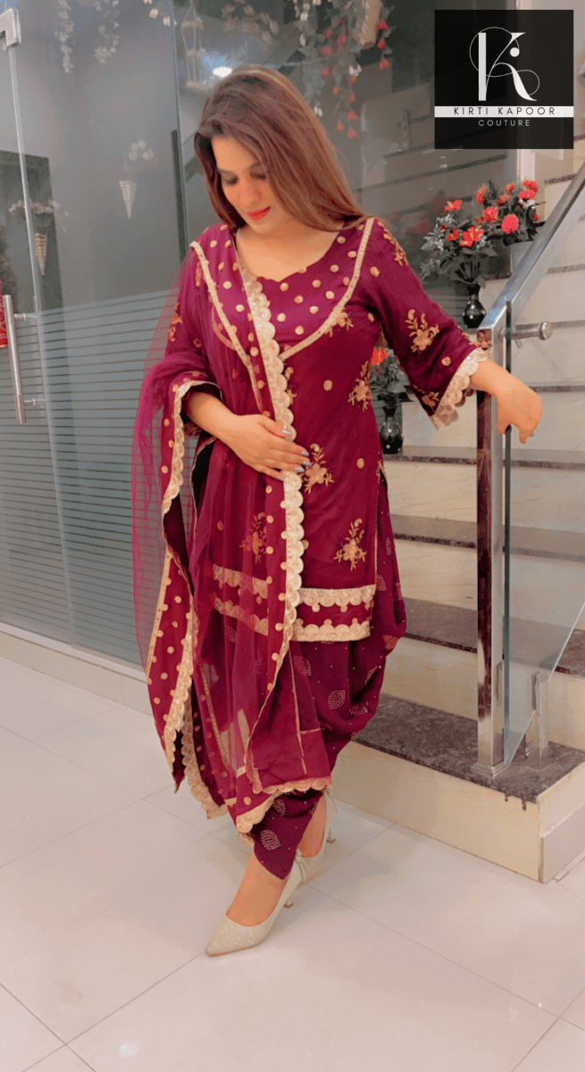 Wine Dhoti Suit With Designer Dupatta - Kirti Kapoor Couture